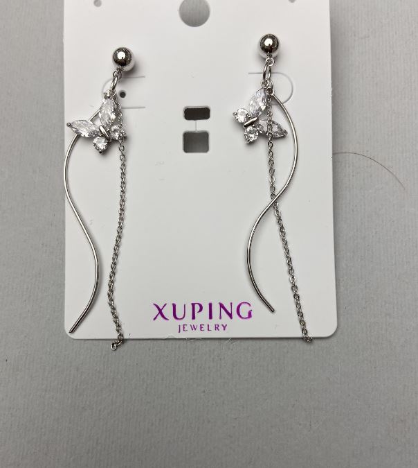 Xuping Earrings with White Crystals, 67mm Length, Rhodium