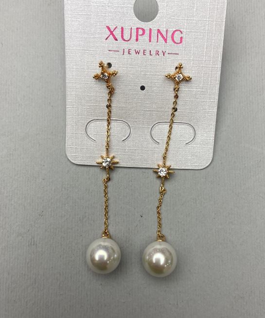 Xuping Earrings with Mallorca Pearls, 8mm diameter, 45mm length, 18K Gold Plating