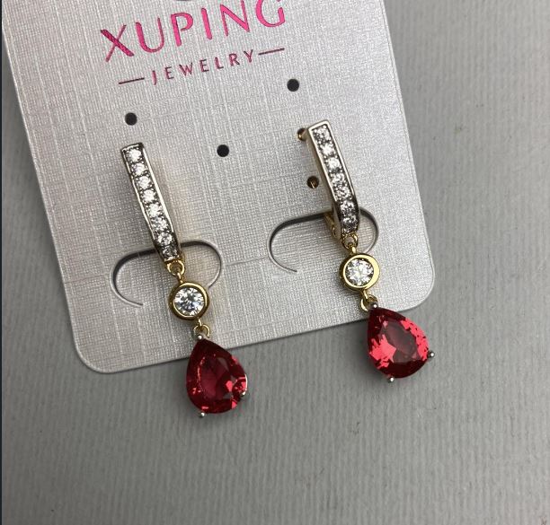 Xuping Earrings with 18K Gold Plating and Rhodium, with Red Crystal and White Rhinestones, Length 33mm+