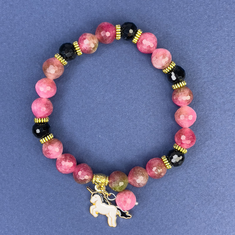 Tourmaline Bead Bracelet, 8 mm diameter ±, Czech Crystal Bead, 7 mm diameter ±, length 18 cm ±, stretch bracelet