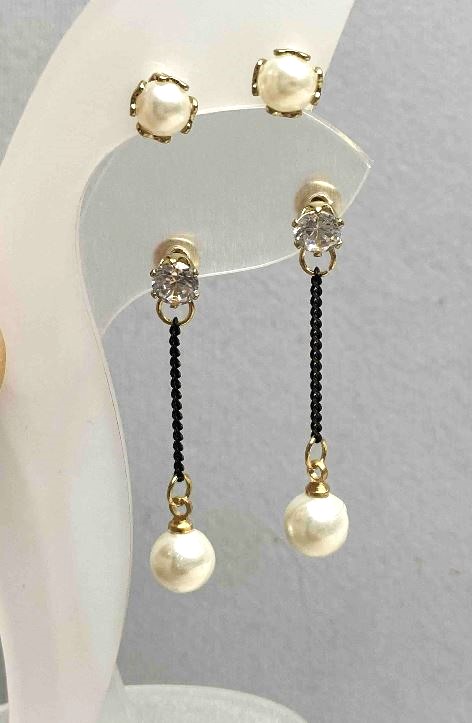Double Stud Earrings "Pearlina" 6 mm +/- Crystal with Pearl 7.5 mm +/- length 38 mm+