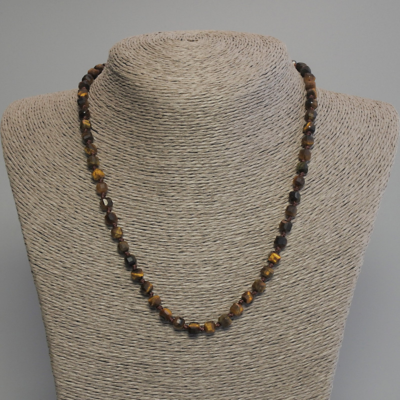 Tiger's Eye Bead Necklace with Faceted Cubes, diameter 5.5 mm, length 45 cm +/- with clasp