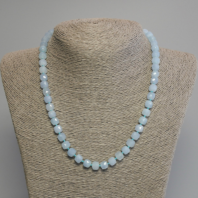 Aquamarine Necklace with Faceted Cube Beads, 7 mm Diameter, 45 cm Length with Clasp