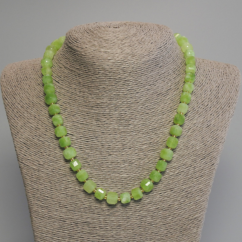 Chrysolite Olivine Necklace with Faceted Cube, 8 mm diameter ±, 3 mm beads ±, length 45 cm ± with clasp