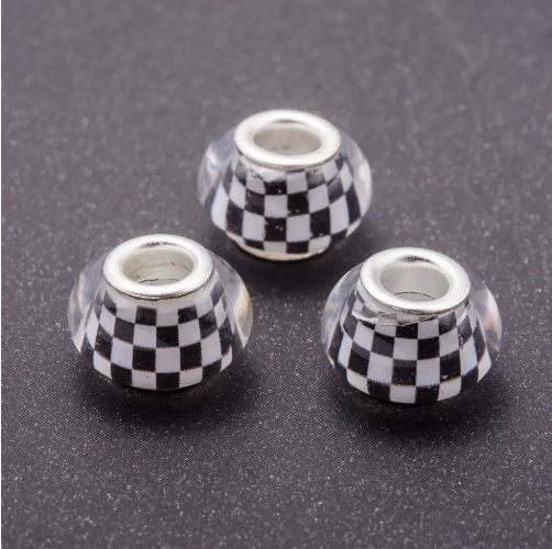 Pandora bead white checkerboard plastic, 13mm diameter, 5mm hole, pack 11 pcs