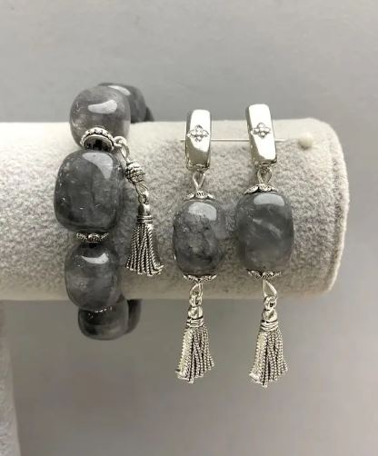 Rutilated Quartz Hair Quartz Faceted Bracelet and Earrings Set, 18x13 mm, approx 64 mm length, with metal inserts, bracelet length 18 cm, stretch