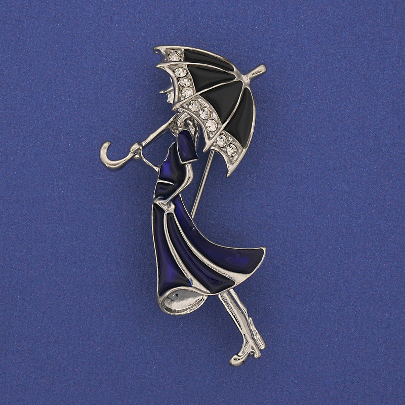 Brooch Pendant 'Girl with an Umbrella' White Crystals Silver-Colored Metal 48×24mm+