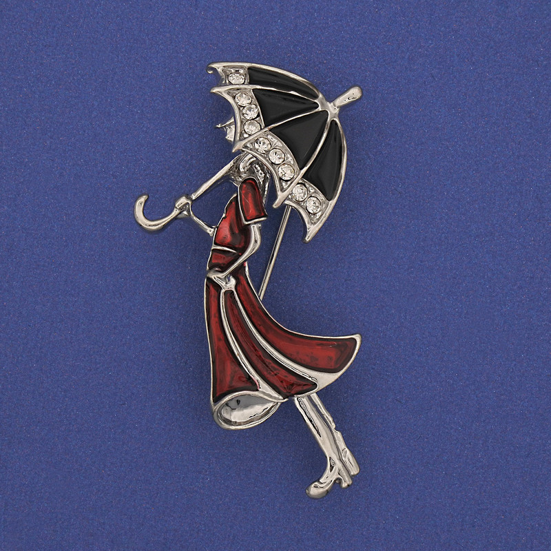 Brooch-Pendant Girl with an Umbrella White Crystals Silver Metal 48x24mm+
