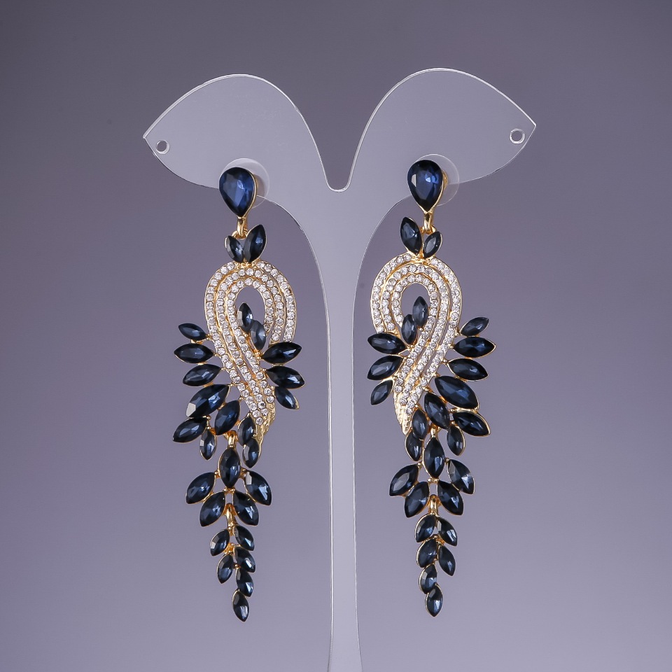 Earrings with Dark Blue Crystals, 9 cm long, yellow metal