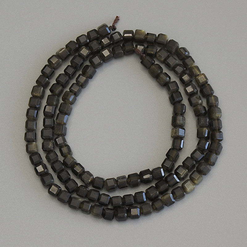 Sun Obsidian Beads, Faceted Cubes, 3 mm Diameter, 39 cm Length on a Thread