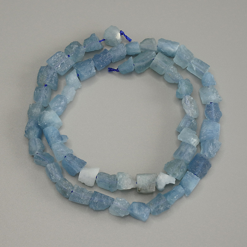 Aquamarine Beads, Unprocessed Stone, Diameter 6-8 by 6-8 mm, Length 38 cm, on a thread