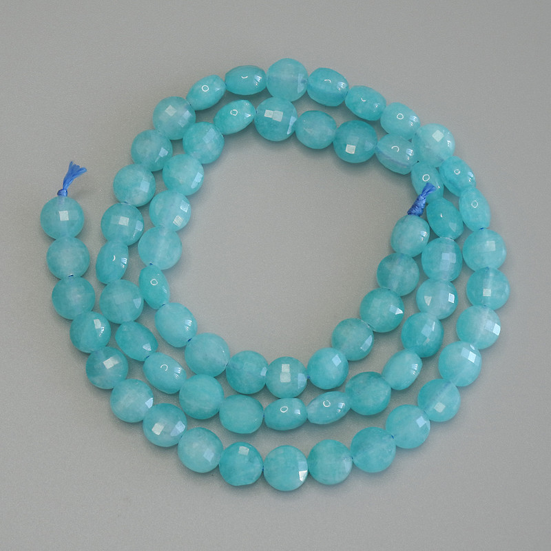 Aquamarine Beads, Faceted Coin Shape, 6 mm Diameter, 39 cm Length on Thread