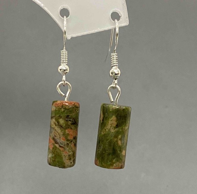 Unakite (Heliotrope) Cylinder Earrings, diameter 8x17 mm, length 38 mm+