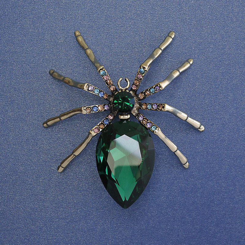 Spider Brooch with Green Crystal, Multicolored Rhinestones, 65mm ± Gold-Toned Metal
