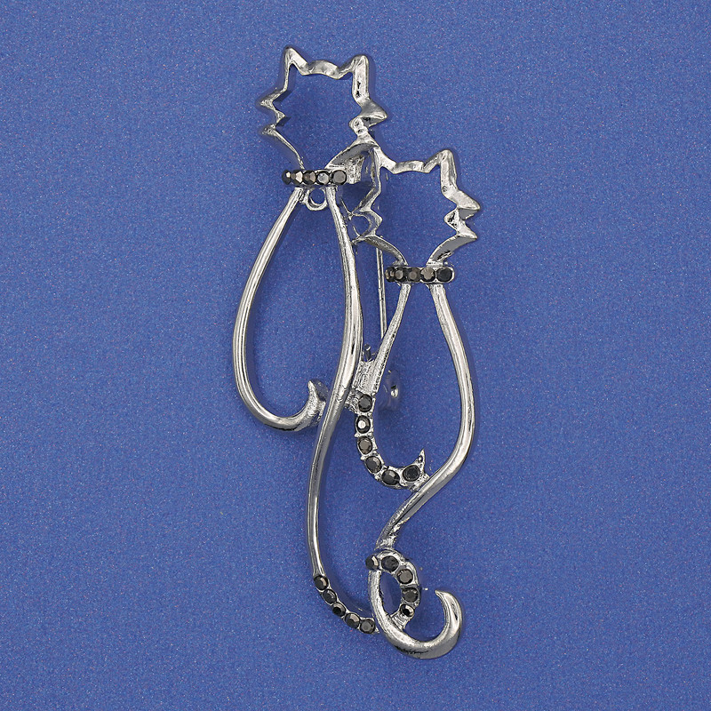 Cat Brooch with Gray Crystals, Silver Metal 58x26mm+