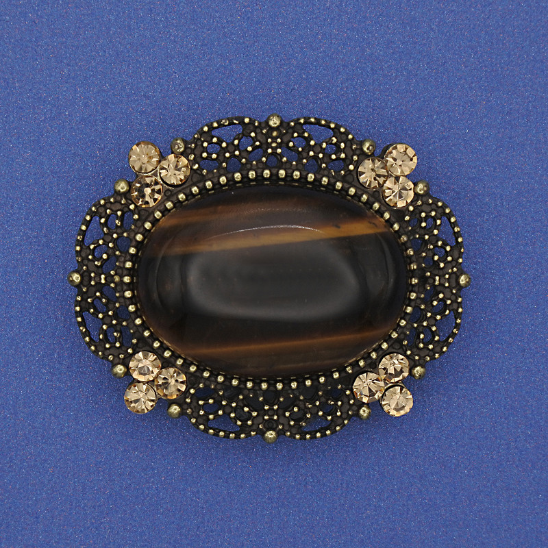 Tiger's Eye Brooch-Pendant with Yellow Crystals, Bronze-Colored Metal, 36×30 mm