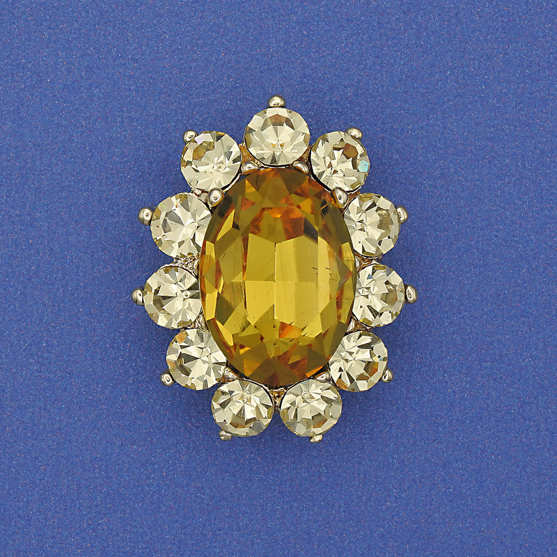 Brooch Accent Yellow Crystal Rhinestones Golden Metal 30×24mm+