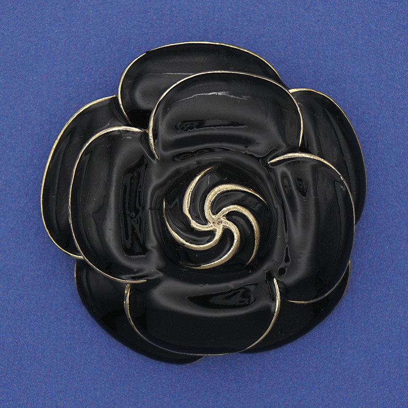 Flower Brooch, Black Enamel, Golden Metal, 45mm+