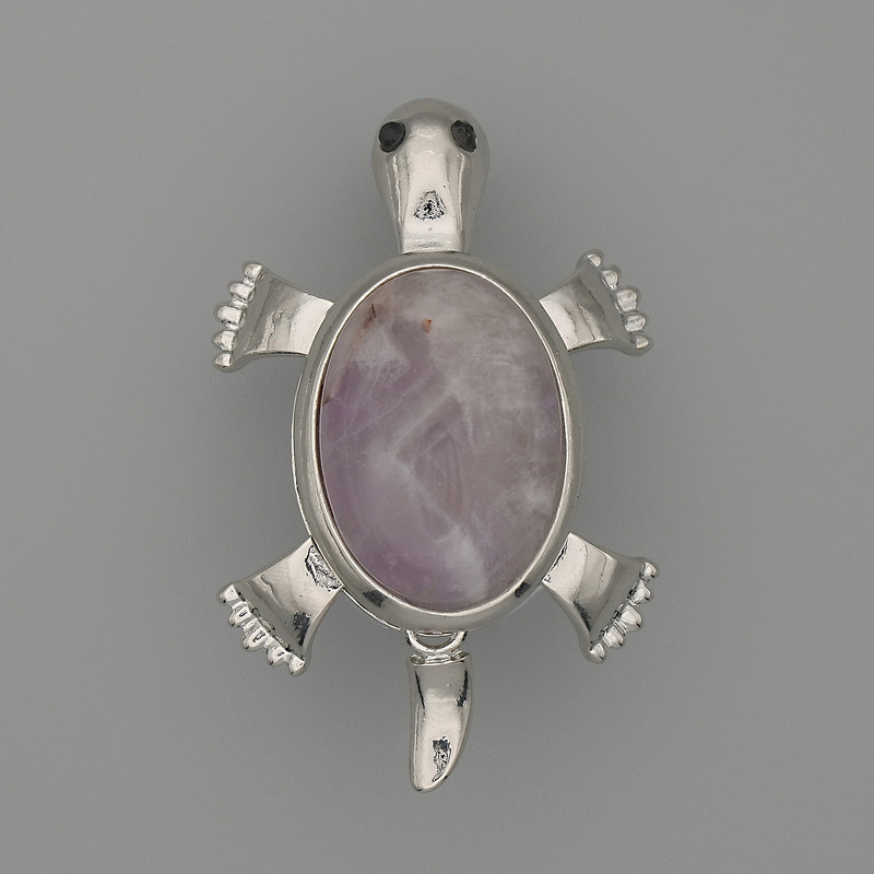 Amethyst Turtle Brooch-Pendant 52x35mm ± Moving Parts, Silver-Colored Metal