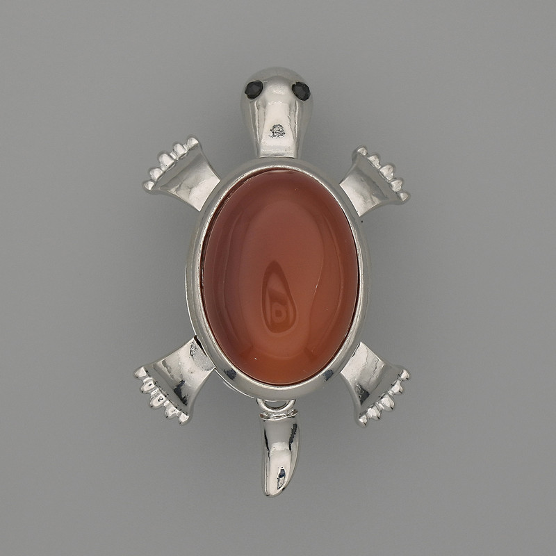 Brooch Pendant Turtle with Carnelian, 52x35 mm, ± movable parts, silvery metal
