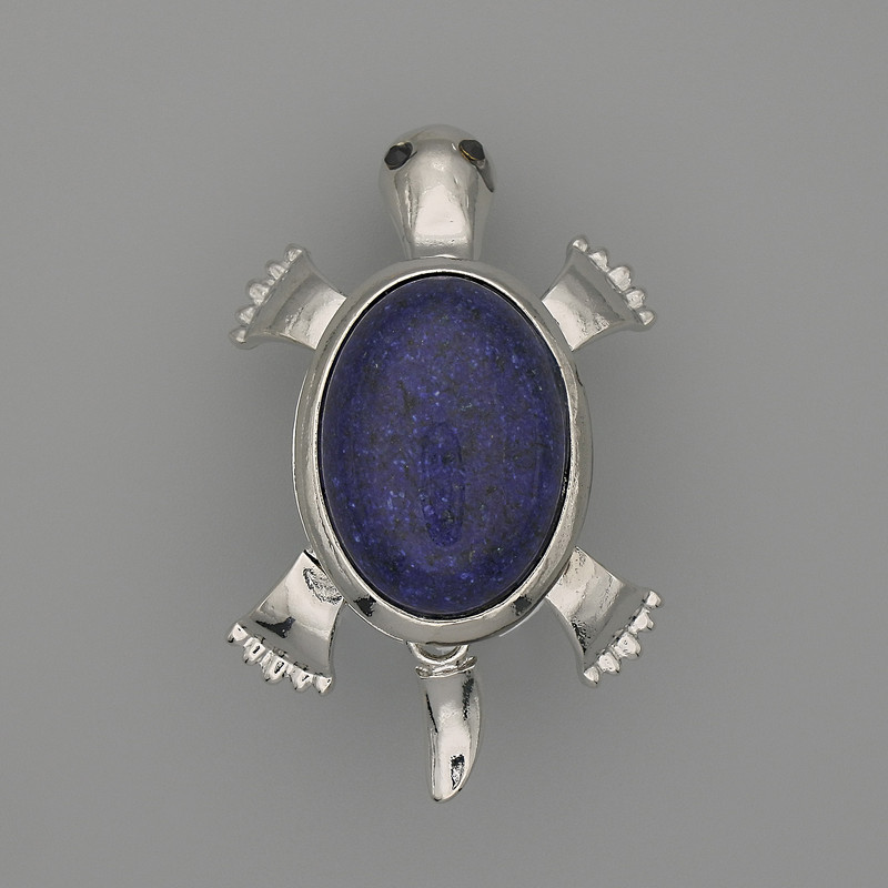 Brooch-Pendant Turtle Azurite 52 x 35 mm ± Movable Parts, Silver-Toned Metal