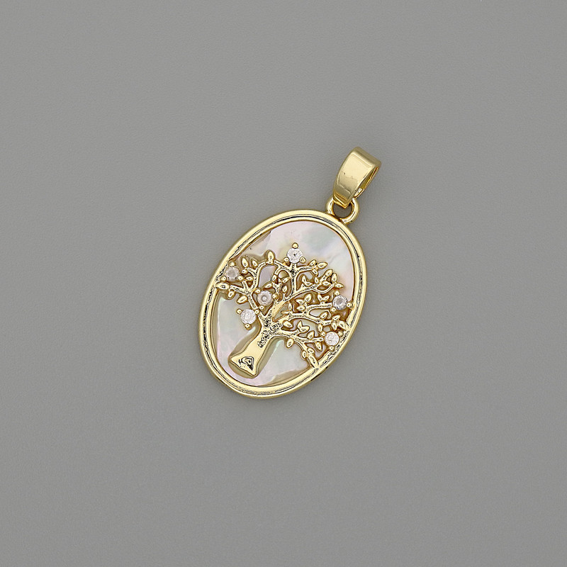 Mother-of-Pearl Tree Pendant, 18x13 mm, 25 mm length, golden metal