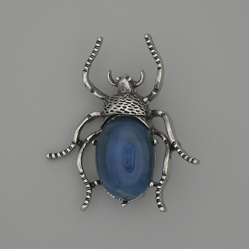 Beetle brooch pendant with agate, 44x37 mm, silver-tone metal