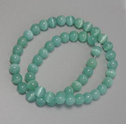 Mint Cat's Eye Beads, Smooth Ball, Synthetic Stone, 8 mm Diameter, on a Thread, Length 37 cm+