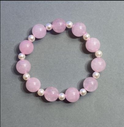 Pink Quartz Bracelet with Smooth 12mm Beads and 6mm Artificial Pearls, 18cm Stretch