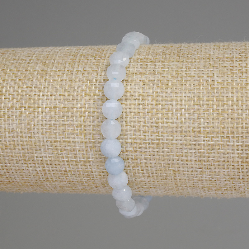 Aquamarine Bracelet with Faceted Coin Beads, 6mm Diameter, 18cm Length, Stretch