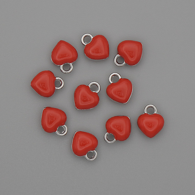 Heart Pendant with Red Enamel on Silver-Tone Metal, diameter 6×8 mm, pack of 10 pcs