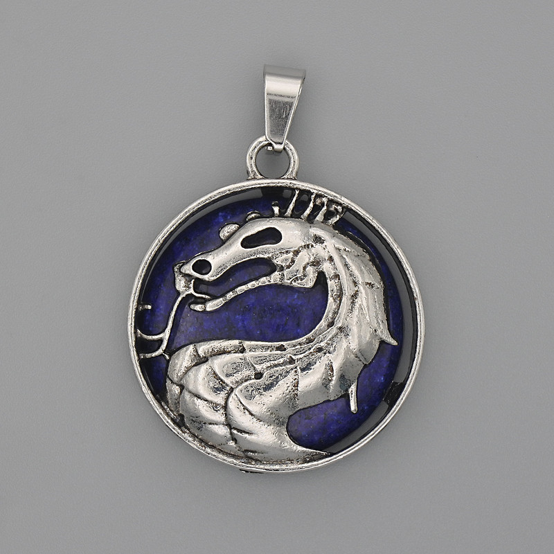 Pendant Dragon in a Circle with Azurite, diameter 28 mm ±, length 38 mm ±, silver-toned metal