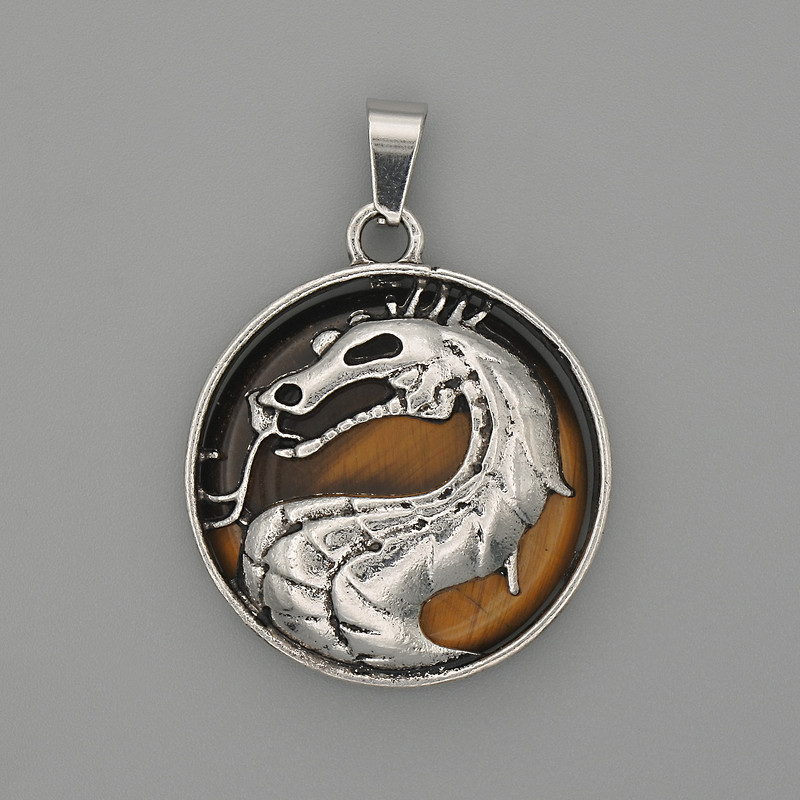Dragon in a Circle Pendant with Tiger's Eye, diameter 28 mm ±, length 38 mm ±, silver-tone metal