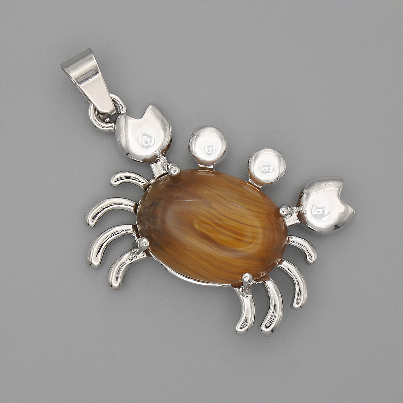 Crab Pendant with Tiger's Eye 40×22 mm ± Silver-Toned Metal