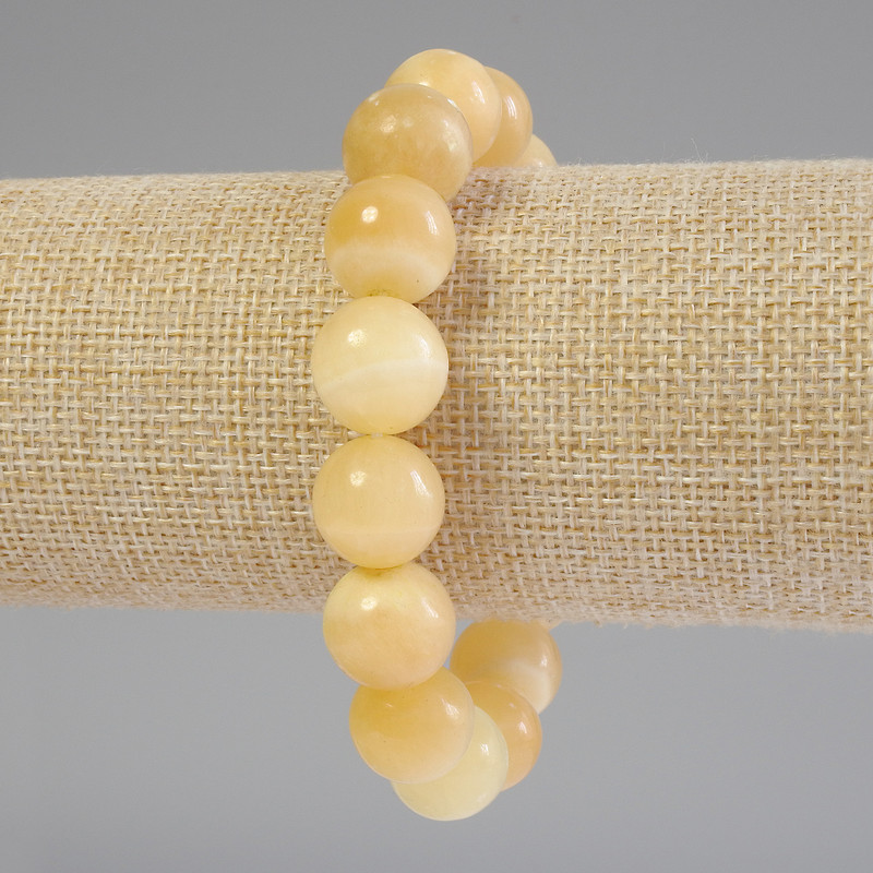 Yellow Agate Bracelet with Smooth Beads, 14 mm Diameter, 18 cm Length, Elastic