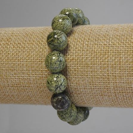 Serpentine natural stone bracelet — smooth beads, 15 mm diameter, 18 cm long (stretch)