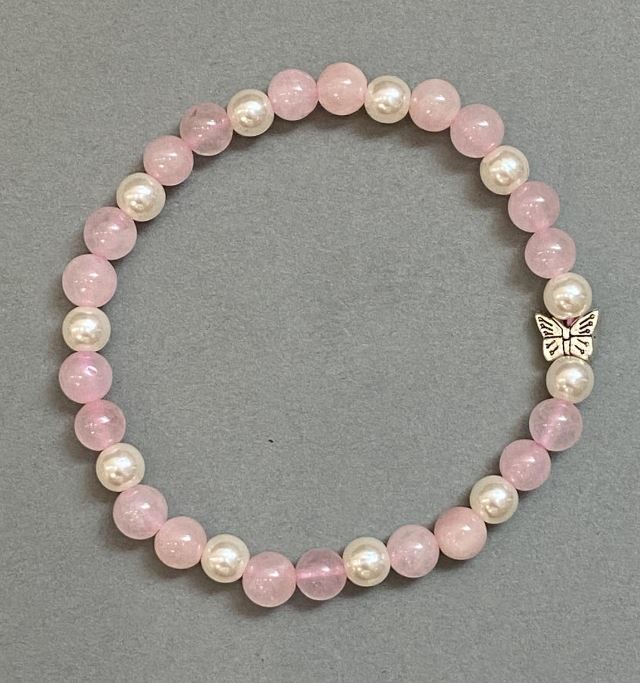 Bracelet Rose Quartz and Imitation Pearls (Imitation) Smooth Beads 6mm +/- with Metal Inlay, Length 18cm +/- Stretch