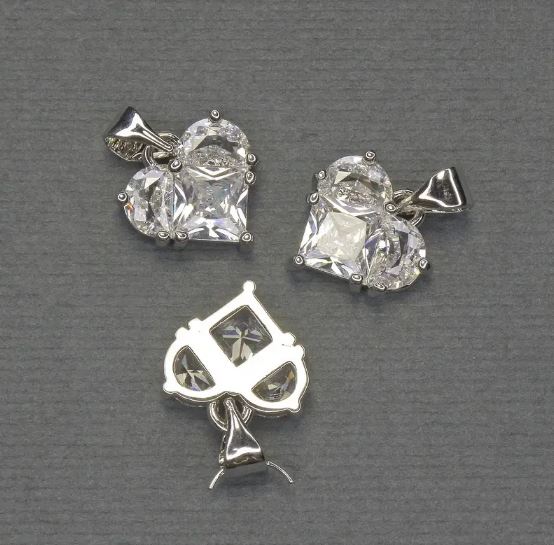 Heart Pendant with White Rhinestones in Silvery Metal, Diameter 10x12 mm ±, Length 17 mm ±