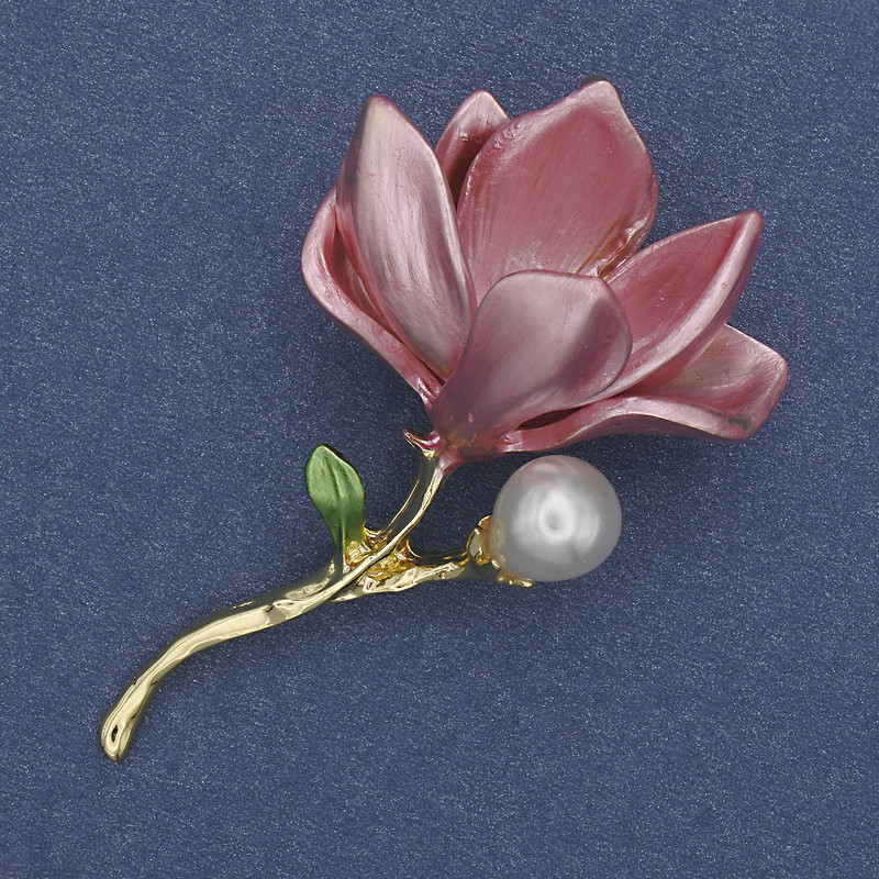 Brooch-pendant Flower, pink enamel, pearl, gold-tone metal 30x53mm+