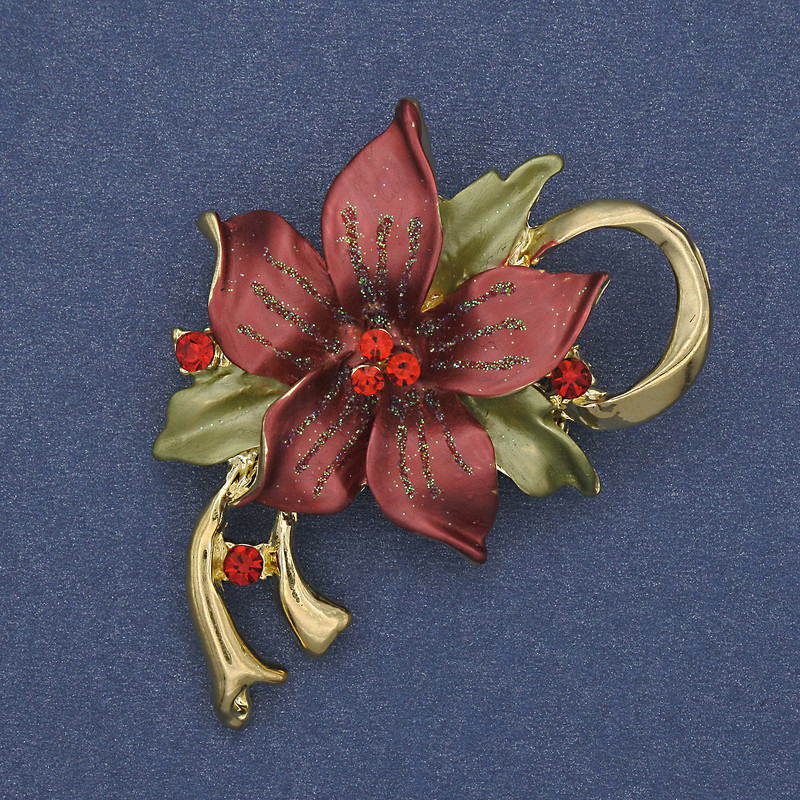 Brooch pendant 'Flower' red and green enamel with crystals golden metal 50x42mm+
