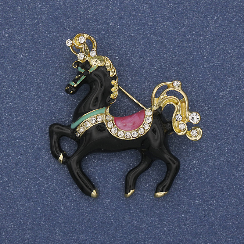 Horse Brooch, black enamel, white crystals, gold-tone metal, 39x40mm+