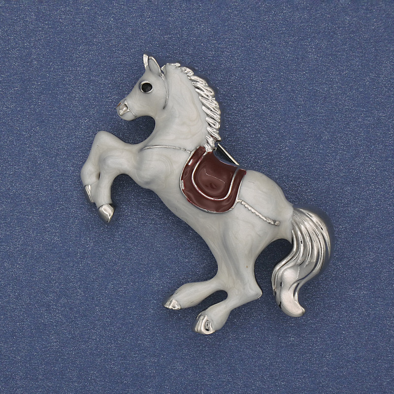 Pendant Brooch Horse with White Enamel Silver Metal 44x27mm+