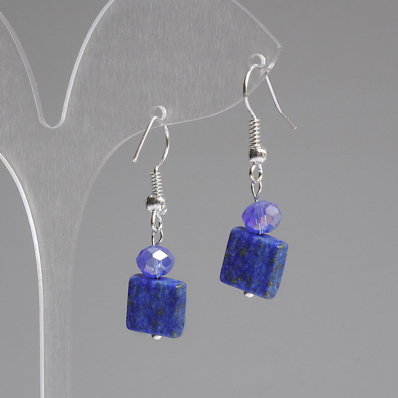 Azurite earrings with faceted square 10x10 mm ±, Czech glass rondel 6x5 mm ±, length 37 mm ±