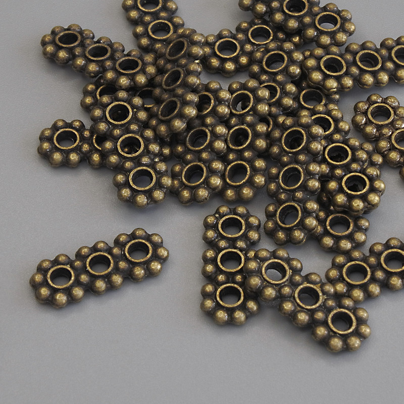 Bead separator for 3 threads, 16×6 mm diameter, hole diameter 2 mm, bronze metal color, 22 pcs