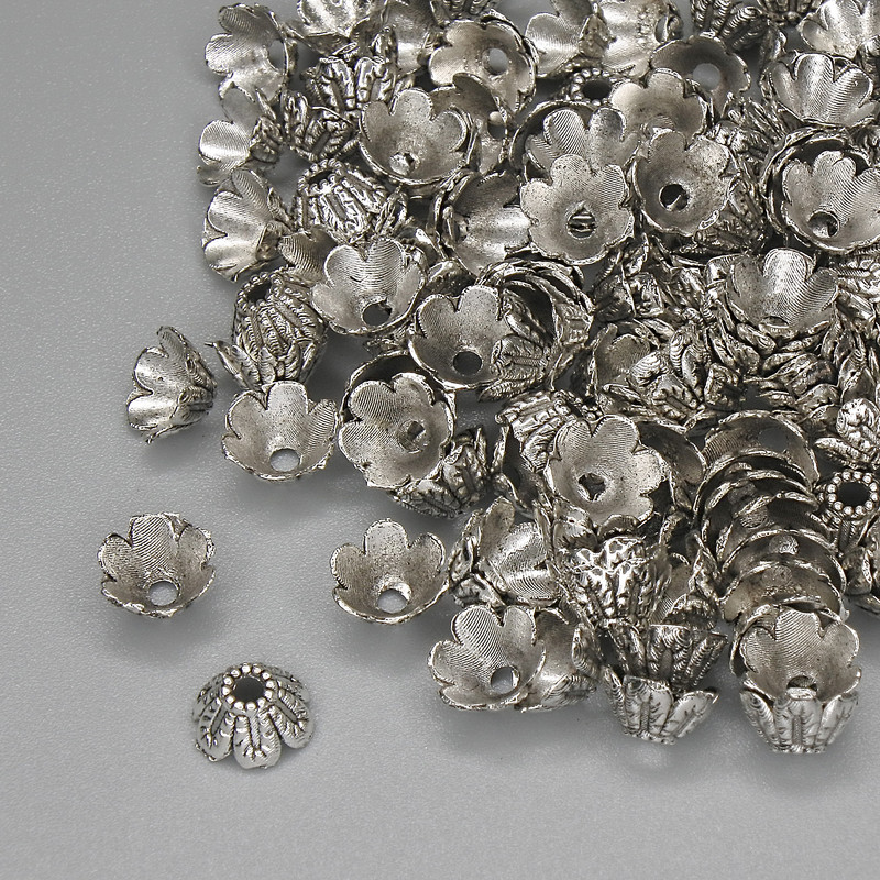 Bead cap findings for beads, silver-tone, diameter 6×1 mm with bore 1.5 mm, packaging 20 g (~155 pcs)