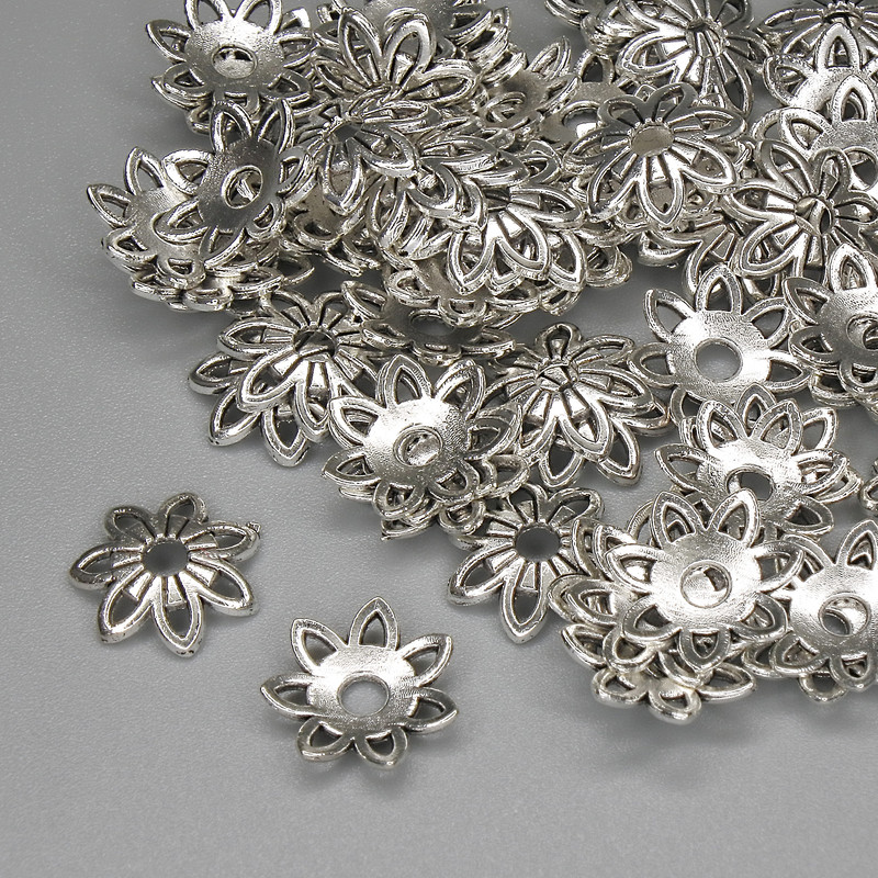 Bead caps, silver-tone metal, 10 mm diameter with approx. 2.2 mm hole, packaging 20 g (~72 pcs)