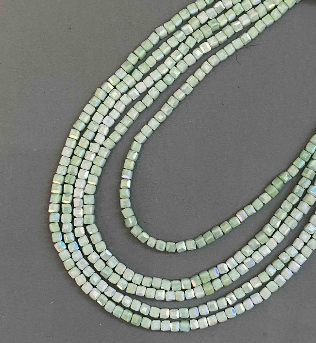 Green Czech Crystal Beads with Gasoline Finish on Thread, Faceted Cubes, 4x4 mm, 38 cm Length +