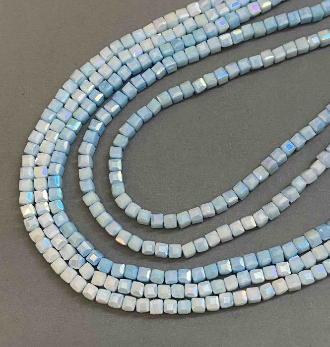 Beads Czech crystal blue multicolor with gasoline iridescent coating on thread, faceted cube, diameter 4×4 mm, length 38 cm