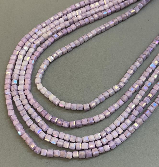 Purple Czech Crystal Beads with Gasoline Finish on Thread, Faceted Cube, Diameter 4x4 mm + -, Length 38 cm +