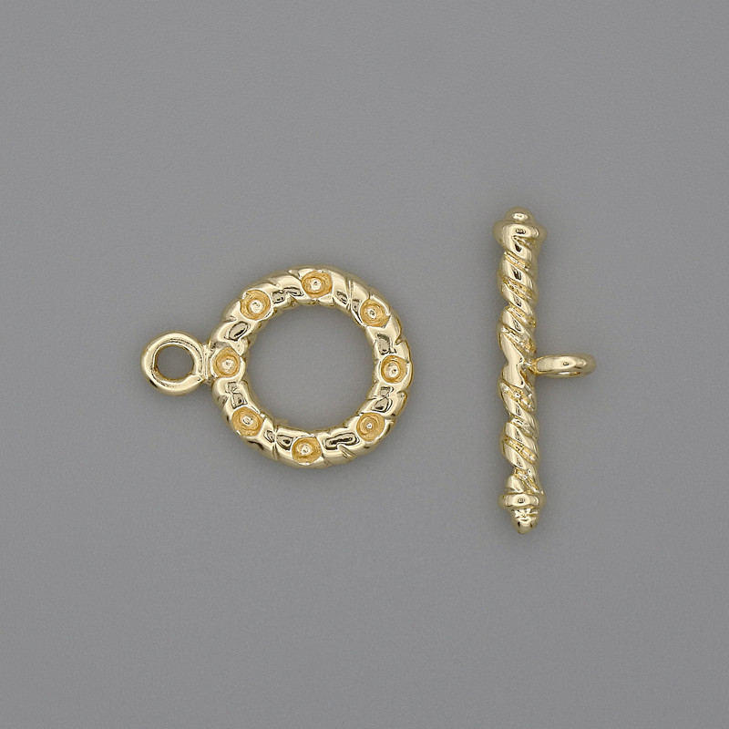 Toggle clasp hardware, gold-colored metal, circle diameter approximately 13 mm, bar length approximately 21 mm, hole diameter approximately 8 mm